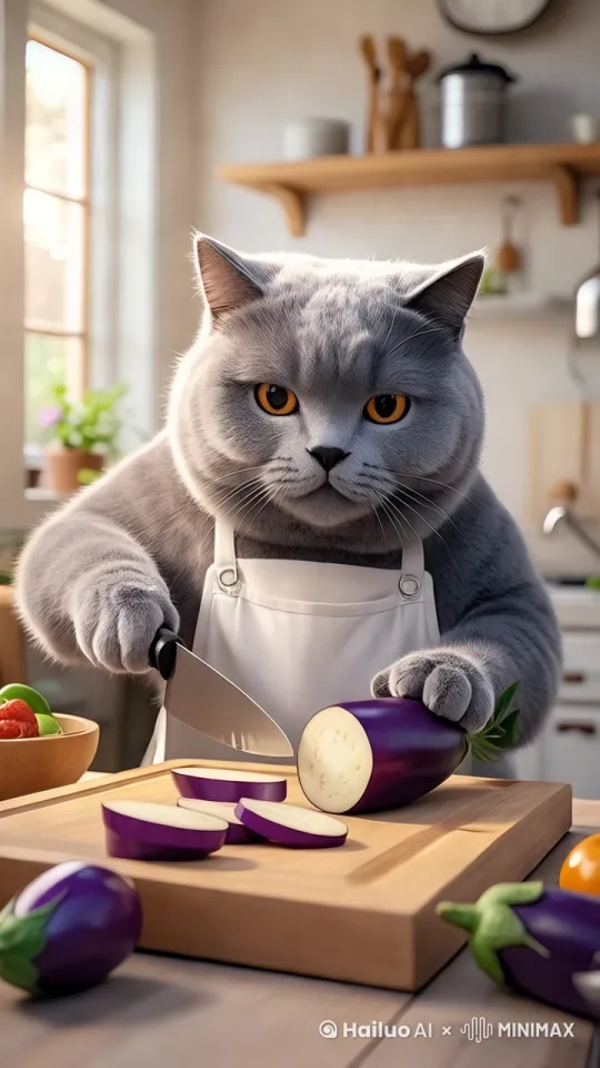 一只蓝猫在厨房切茄子 by Hailuo AI Video Generator