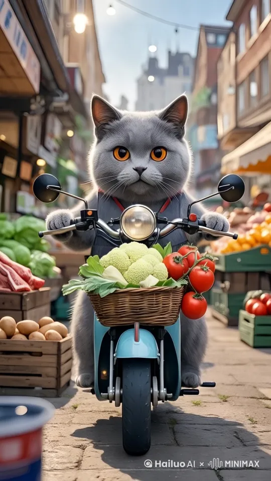 一只蓝猫在开摩托车买菜 by Hailuo AI Video Generator