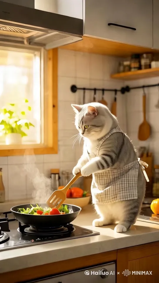 猫咪熟练的炒菜，用铲子翻炒 by Hailuo AI Video Generator