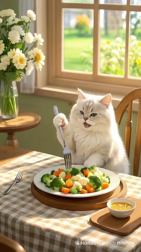 猫咪用叉子吃盘子里的菜，动作流畅 by Hailuo AI Video Generator