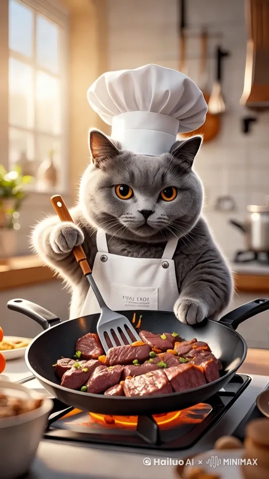 一只蓝猫在厨房炒牛肉。 by Hailuo AI Video Generator