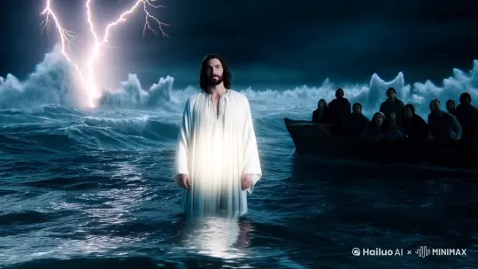Jesus walks calmly across the storm-tossed sea, his white robe glowing in the darkness as lightning splits the sky. The fierce waves crash around him, yet he moves with serene authority, unaffected by the chaos. His face is peaceful and resolute as he speaks to his disciples in the boat, reassuring them amidst their fear. The disciples, silhouetted in the boat, gaze at him in awe, some kneeling, others with eyes wide in disbelief. The night is filled with tension, divine power, and the clash of nature’s fury. Captured in a dramatic wide-angle shot, hyper-realistic, photo realism, cinematography. by Hailuo AI Video Generator
