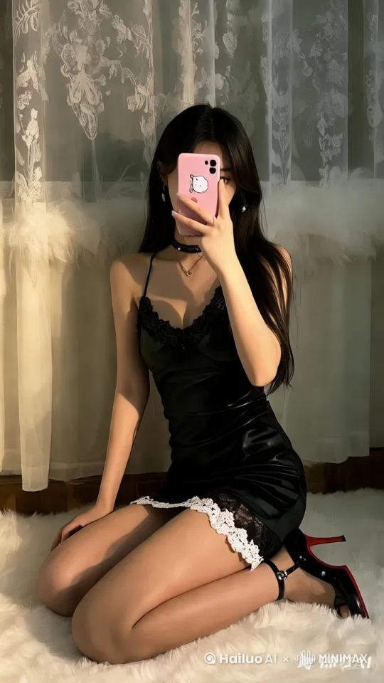 镜头微微环绕一位身着黑色蕾丝边吊带短裙的长发女性，她跪坐在白色毛绒地毯上，手持粉色带Hello Kitty图案的手机自拍。颈部黑色项圈与身上精致配饰微微闪烁，黑色漆皮红底高跟鞋的光泽随着光影变化。身后带有花纹的白色纱质窗帘在微风中似有若无地飘动，阳光洒在她身上，产生柔和光影微动效果，整体营造出优雅又性感的氛围 。 by Hailuo AI Video Generator