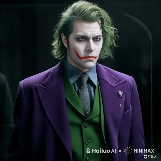 右手拿起烟，左手自然随意，然后歪头疯笑，看着镜头。背景是蝙蝠侠在暗处的注视。 by Hailuo AI Video Generator