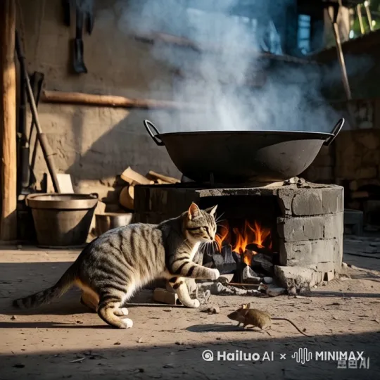 老鼠四处逃窜，猫紧追不舍，最后老鼠被逼无奈，一转身钻进了熊熊燃烧的灶坑里，猫也紧跟着追了进去。 by Hailuo AI Video Generator