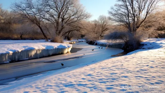 [推进,上升]帮我生成一个视频：初春雪地，早晨的太阳暖洋洋的，一条有冰凌的小河，小河两边是长满雾凇的大树，几只小鸟在河边嬉戏 by Hailuo AI Video Generator