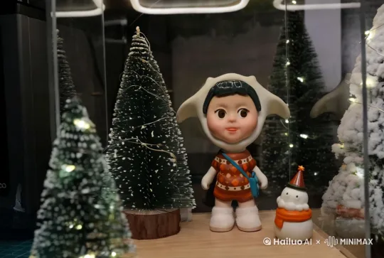 照片中的人物与雪人互相看向对方，[左移,右摇,跟随]并微笑牵起手欢快跳着舞 by Hailuo AI Video Generator