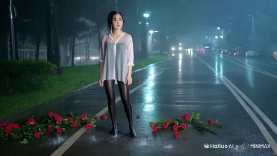 雨夜，车灯，背光，地上零散着凋谢的玫瑰，一为伤心，冷漠的中国美丽女子，她穿黑丝连裤袜，她穿着中长款白衬衫，她混身湿透，非常的破碎感，氛围感，32k高清 by Hailuo AI Video Generator