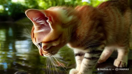 [左摇,拉远,上升]小猫在钓鱼做 by Hailuo AI Video Generator