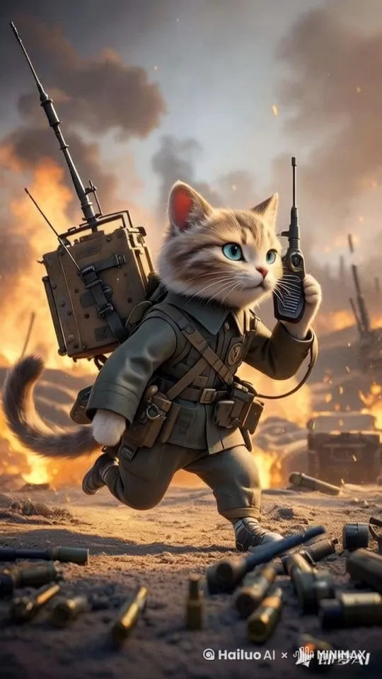 猫咪拿着报话机，一边跑，一边嘴里说话。背着电报箱带天线，在战场上，背景是浓烟滚滚，火光四起，还有枪支弹药。画面主体动起来。 智能动态，智能 运镜，手持摄影 效果。细节丰富， 惟妙惟肖，栩栩 如生，真实自然。 动态连贯，动态 符合逻辑，无瑕 疵，无变形，符 合自然规律，一 镜到底。背景自 然动态，真实自 然。专业级摄影 作品。专业级电 影光效，大师级 作品。高饱和度， 高对比度，高锐 化度，高帧率， 流畅自然，超高 清摄影作品，超 高清画质，史诗 级电影级摄影。 by Hailuo AI Video Generator