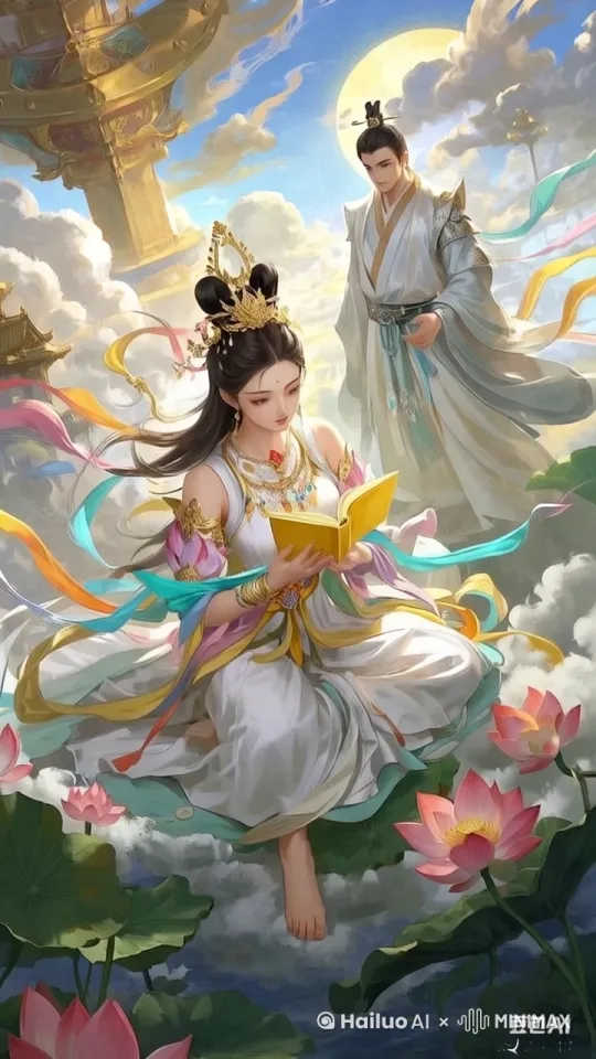 要让这张图动起来并显得生动，可以考虑以下几个方面的动画效果：画面要高度清晰。

1. **云朵和背景**：让云朵缓缓移动，仿佛在天空中漂浮。同时，可以加入轻微的光影变化，使背景看起来更有层次感。

2. **人物的衣袖和飘带**：这些部分可以设计成随风飘动的效果，增加动态感。衣袖和飘带可以缓慢地飘动，仿佛在微风中轻轻摆动。人物的眼睛一眨一眨
眼神看着书
3. **莲花**：莲花可以缓慢地摇曳，仿佛在水面上轻轻荡漾。可以加入水波的动画效果，使莲花看起来更加真实。要有鲜花飘落下来

4. **书页**：如果人物手中的书页可以轻轻翻动，会增加更多的动态元素。可以设计成书页缓慢地一页一页翻动。

5. **整体的光影变化**：可以根据一天中的时间变化，调整光影效果。例如，早晨可以有柔和的阳光，中午有强烈的光影对比，傍晚则有温暖的夕阳光。

6. **背景建筑**：背景中的建筑可以设计成缓慢旋转或移动的效果，增加画面的深度和动感。
要有运镜效果
通过这些动画效果，可以让整张图变得更加生动和富有生命力，给人一种身临其境的感觉。 by Hailuo AI Video Generator