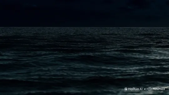 固定镜头，深夜的海面上，一个男人惊恐地游出海面 by Hailuo AI Video Generator
