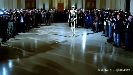 一具人体骨骼迈着自信的步伐，行走在座无虚席的发布会台上。 by Hailuo AI Video Generator