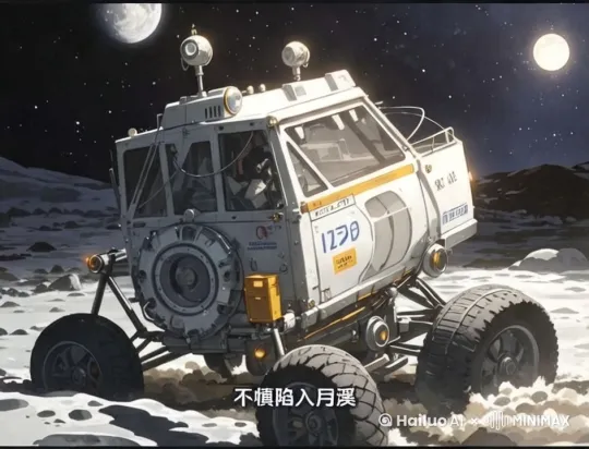 一辆月球车在探索过程中，不慎陷入月溪。它的轮子疯狂转动，扬起大片月尘，却越陷越深。变焦拉远 by Hailuo AI Video Generator