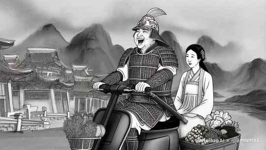 创作一幅中国水墨画风格的作品，采用张大千的泼墨技法，画面主体为关羽狂笑着骑电动车载着娇羞的林黛玉，电动车后备箱装满蔬菜水果，行驶在古色古香的街道上。关羽身穿古代战袍，头戴青龙偃月盔，姿态豪放；林黛玉身穿古典裙装，神情娇羞。街道两旁是传统中式建筑，远处有山水轮廓，画面充满古典与现代交融的趣味感。整体色调以黑白为主，辅以淡彩点缀，注重线条的流畅与墨色的层次感，营造出深邃的意境。 by Hailuo AI Video Generator