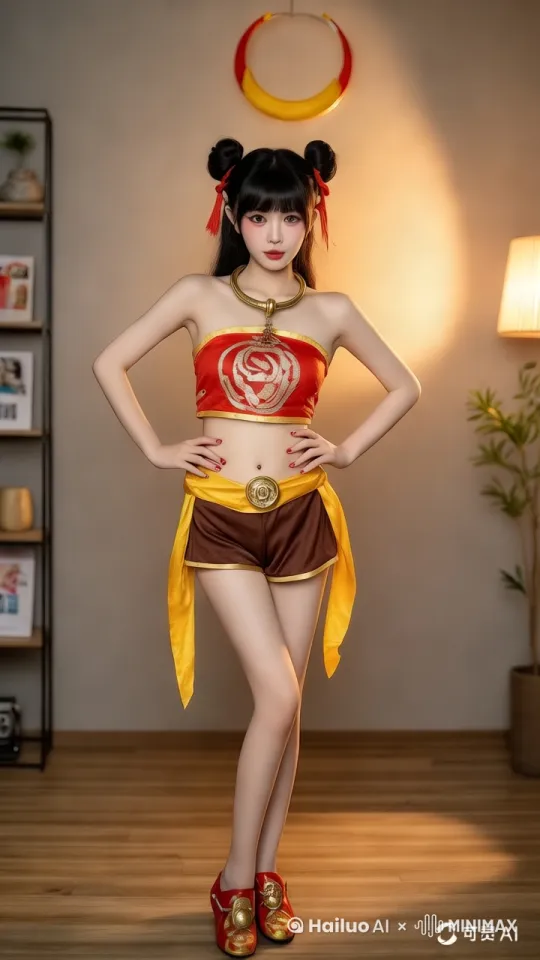 固定机位，画面清晰稳定流畅，私房写真，夏日光照，女孩一直面对观众，双手叉腰左右摆臀跳舞，舞蹈动作缓慢，女孩很害羞，面部保持固定不动，做鬼脸，不露出牙齿跳舞，网络流行的舞蹈，很酷的舞蹈 by Hailuo AI Video Generator