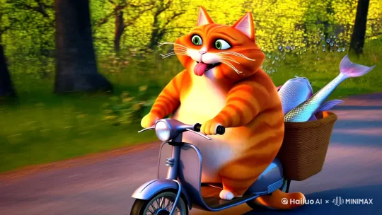 一只圆润的橘猫正驾驶着复古电动车，穿梭在春光明媚的森林公路。橘猫眼神机敏，嘴角挂着一抹顽皮的微笑，粉嫩的舌头轻舔，两撇胡须在微风中划出优美的曲线。它坚定地握住加速器，丰满的身体在疾风中微微颤动，展现出无限的活力与生机。车篮里，几尾银亮的鲫鱼欢快地跳跃，溅起一串串晶莹的水珠，在温暖的阳光下闪烁生辉。沿途，树木和小屋如同画卷般迅速向后掠过，营造出一种轻松愉悦的旅行氛围。近景，动感十足的侧面视角，捕捉橘猫驾车的瞬间风采。" by Hailuo AI Video Generator