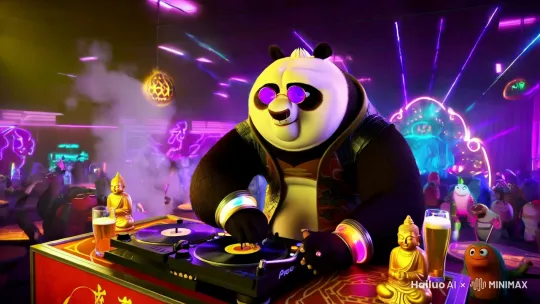 **角色设定：**
"Chinese classic pig character Bajie from Journey to the West, chubby body, exaggerated round belly, large floppy ears, pig snout, wearing a futuristic black leather vest mixed with traditional monk robe, glowing neon bracelets, retro round sunglasses reflecting purple laser lights, hyper-detailed 3D Pixar style, cinematic lighting"

**场景描述：**
"Cyberpunk nightclub interior, neon lights in dark purple and electric blue, holographic smoke floating in the air, dynamic laser beams scanning the crowd of stylized cartoon monsters dancing, DJ booth with glowing Buddha statue decorations, beer glasses vibrating on tables, ultra-wide angle lens, motion blur effect"

**动作与特效：**
"Bajie skillfully scratching vinyl records on a futuristic turntable, his ears flapping to the beat, golden divine light radiating from his belly button synced with bass drops, crowd throwing fluorescent glow sticks, cinematic slow-motion close-up of splashing beer droplets, 8K resolution, trending on ArtStation, Unreal Engine 5 rendering"

**风格参考：**
"Mix of Kung Fu Panda character design + Spider-Verse dynamic lines + Blade Runner 2049 lighting + Studio Ghibli magical realism" by Hailuo AI Video Generator