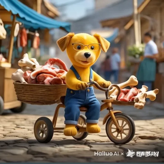 中景，小黄狗骑着三轮车拐弯。近景环绕，小黄狗拍手称好。远景，小黄狗左右踩着脚踏板快速远去。 by Hailuo AI Video Generator