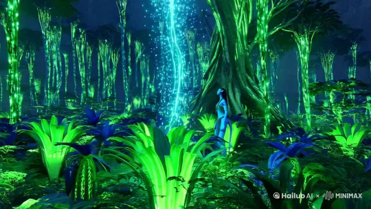 《阿凡达》潘多拉星夜
0-1s：荧光植物脉冲式发光（生物光波长530nm，亮度脉冲频率3Hz）

2-3s：纳美人神经辫与灵魂树对接（发光粒子流路径追踪，--biolum 90）

4-5s：斑溪兽俯冲掠过悬浮山（翼膜震动频率18Hz，气流扰动模拟等级7）
参数指令：--alien_ecology 3 --foliage_detail 4 [参考《侏罗纪公园》生物真实感设计]9 by Hailuo AI Video Generator