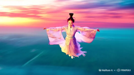 无人机航拍视角，背景动态模糊展现高速移动氛围，画面中央为一着华丽国风汉服女子凌空翱翔。女子身着流云纹样交领长袍，配以繁复宽大袖口及飘逸裙摆，发髻高挽，青丝飞扬。面容清丽，眼神坚定，表情自信从容。画面采用电影级特效渲染，营造出梦幻般的空中飞行场景，色彩饱满，光影流动，展现出东方美学的独特魅力。 by Hailuo AI Video Generator