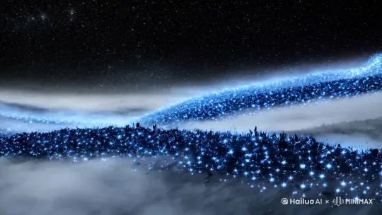 放眼望去，可见黑与白之间的星空，弥漫蓝色的雾气，其内漂浮着大量破碎的星辰，彼此交织，如同巨兽鳞的脊骨，在幽蓝色星雾中绵延万亿里。 by Hailuo AI Video Generator