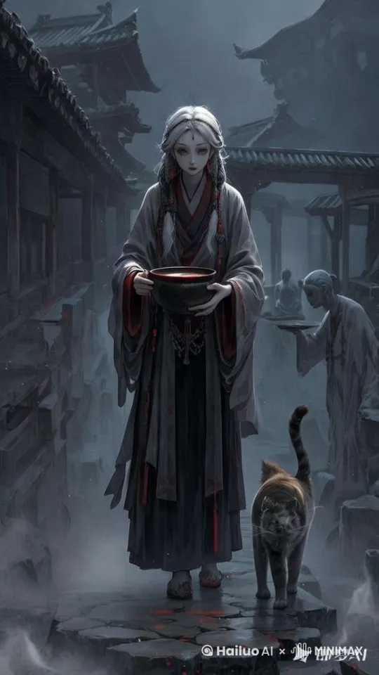 镜头缓缓推进，阴森昏暗的奈何桥边，诡异雾气如浓稠的墨汁翻涌。孟婆身着黑袍，枯瘦的手紧握着汤碗，深陷的眼窝中目光冰冷，静静地凝视着一列列面色惨白、神情恍惚的亡魂。
 
这时，苏瑶出现了，她脚步虚浮，每一步都似踩在虚空之上，空洞的眼神里满是迷茫。她机械地走向孟婆，凌乱的发丝在雾气中肆意飞舞。突然，她的脚步顿住，脑海中闪过前世癫狂的画面：狂风呼啸，她在黑暗中疯狂奔跑，身旁那只雪白的猫咪紧紧相随，“喵喵”的叫声在寂静里格外清晰。回忆如潮水般涌来，苏瑶的嘴角微微抽搐，脸上浮现出一丝痛苦与不舍 。 by Hailuo AI Video Generator