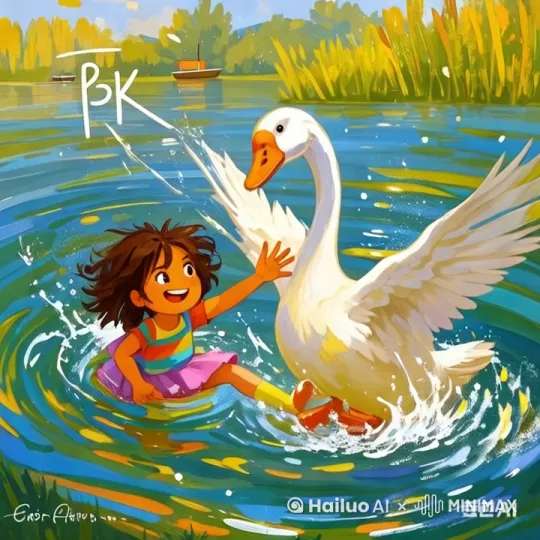 这个场景充满了童真与欢乐，小女孩和小白鹅在湖面上玩耍，水花四溅，画面色彩鲜艳，充满了活力。然而，如果要将这个场景改编成动画电影，并且加入冲突情节，可以考虑以下几点：

1. **情节铺垫**：一开始，小女孩和小白鹅在湖面上愉快地玩耍，小女孩的笑声和小白鹅的叫声交织在一起，画面充满了温馨和快乐。

2. **冲突起因**：突然，小女孩不小心弄坏了小白鹅最喜欢的玩具——一只小木船。小白鹅非常生气，开始和小女孩争吵。

3. **冲突升级**：争吵逐渐升级，小女孩和小白鹅开始互相推搡。小白鹅用翅膀拍打水面，激起巨大的水花，小女孩也不甘示弱，用力拉扯小白鹅的羽毛。

4. **高潮**：冲突达到高潮，小白鹅的头被小女孩不小心撞到石头，血流不止。小女孩惊慌失措，试图帮助小白鹅止血，但小白鹅已经愤怒至极，不愿接受她的帮助。

5. **结局**：最终，小白鹅愤怒地飞走，留下小女孩独自一人在湖面上哭泣。画面从一开始的明亮色彩逐渐变得暗淡，湖水也变得浑浊不堪，象征着两人关系的破裂。

6. **反思**：小女孩在湖边反思自己的行为，意识到自己的冲动和不理智。她决定以后要更加珍惜和小动物们的友谊，学会控制自己的情绪。 by Hailuo AI Video Generator
