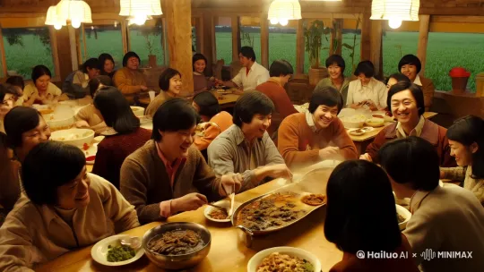 1972年代的人们的穿戴，在 1972 年那个特殊的年代，公社食堂是社员们共同的“家”。走进公社食堂，能看到大家围坐在一起，脸上洋溢着朴实的笑容。热气腾腾的饭菜，散发着温暖的香气。 
男社员们一边大口吃着，一边谈论着田里的庄稼，想着如何让收成更好。女社员们则轻声交流着家里的琐事，笑声时不时传出。 
这里，没有奢华的装饰，没有精致的餐具，但却有着最真挚的情感和最浓郁的生活气息。请在评论区分享一下您的回忆吧。 by Hailuo AI Video Generator