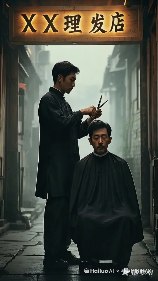 一位身着传统练功服的理发师，跳起来施展佛山无影脚给顾客理发，快速又利落，碎发如雪花般飘落，顾客吓得慢慢飞起来逃走了 by Hailuo AI Video Generator