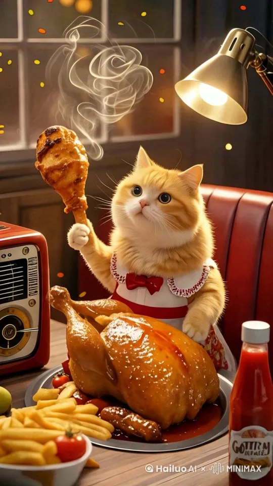 猫咪吃一口一口鸡腿 by Hailuo AI Video Generator