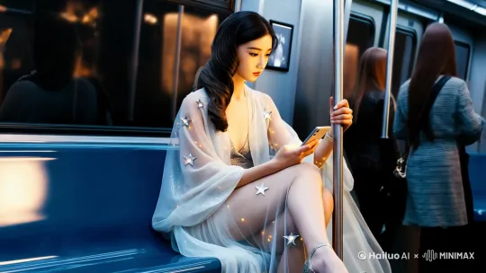 现代都市科幻风格，一位优雅的女性坐在繁忙的地铁车厢内，周围是模糊的乘客身影。她身着一件轻盈透明的长袍，上面点缀着闪烁的星星装饰，在车厢灯光下熠熠生辉。脚踩一双闪亮的银色高跟鞋，增添了几分时尚感。女性低头专注地浏览手机屏幕，秀发轻轻垂落，遮住半边脸庞，展现出一种神秘而迷人的气质。她的姿态从容淡定，与周围匆忙的人群形成鲜明对比。近景，侧身坐姿，轻微仰视视角，捕捉到车厢内的光影交错与城市的流动感。9：16 by Hailuo AI Video Generator