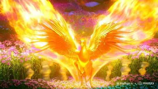 8k高清，画面极致唯美梦幻，通体金黄的凤凰宛如由璀璨星光凝聚而成，在如梦如幻的冲天火光中完成涅槃，火焰像是流动的彩色琉璃，如梦似幻。当凤凰化作美女时，她仿佛是从童话世界走出，有着空灵的气质，眼睛如深邃的湖水，散发着柔和光芒，她穿着梦幻的粉色薄纱长裙，裙摆上缀满细碎的水晶，仿若星辰，周围环绕着闪烁的荧光蝴蝶，背景是一片散发着柔和光晕的花海，花海上空是绚丽的彩虹。 by Hailuo AI Video Generator