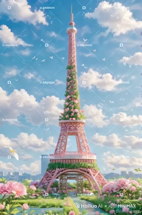 采用环绕延时镜头，围绕铁塔旋转，天空中白云流动 by Hailuo AI Video Generator