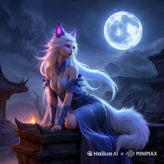 狐妖惊恐的观察着四周，尾巴四处摇摆，头发微风吹动，乌云微微颤动，我光逐渐颤动，裙摆微风浮动， by Hailuo AI Video Generator