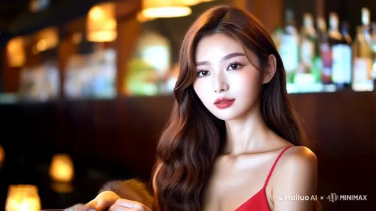 昏暗的灯光下，穿红色吊带连衣裙美女抱着缅因猫坐在在酒吧吧台上，镜头环绕拍摄，左手摇晃着红酒杯，右手轻轻整理下肩带。 by Hailuo AI Video Generator
