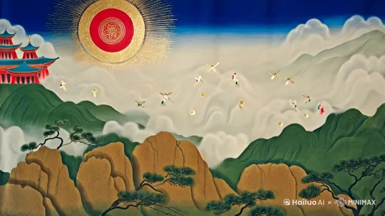 【画面风格】
淡雅水墨渲染的工笔山水风格，绢本设色质感，宋代院体画与敦煌飞天元素融合，留白处可见宣纸纹理，青绿山水与赭石晕染交织，云雾采用湿笔皴擦技法

【主体描述】
• 苍穹：靛青天色渐变为月白，红日如朱砂点缀，外晕金箔光泽，日冕以工笔金线勾勒
• 仙子：着月白广袖流仙裙，鲛绡缎带呈吴带当风之势，金丝掐丝莲花冠缀珍珠步摇，璎珞项圈嵌和田玉禁步[右移,左摇,跟随]
• 姿态：左足踏祥云纹，右膝微曲呈凌虚步，左手结三清指印，右手持碧玉洞箫，青丝与披帛构成S形曲线
• 面容：远山眉间点朱砂，杏目含秋水，唇角微扬似拈花笑，耳垂明月珰泛虹光

【环境元素】
• 前景：斧劈皴法塑造的嶙峋山岩，松枝探出画面作蟹爪状，石青苔点若繁星
• 中景：云海采用乱云皴，棉絮状云团中隐现琉璃飞檐，朱漆廊柱半掩于雾霭
• 远景：披麻皴山体层叠如浪，飞瀑三叠落九天，墨点成雁阵掠过长空

【氛围渲染】
晨光穿云形成丁达尔效应，金粉洒落画面，空气透视营造千里之遥，水纹笺底纹若隐若现，整体构图借鉴《千里江山图》的平远法 by Hailuo AI Video Generator