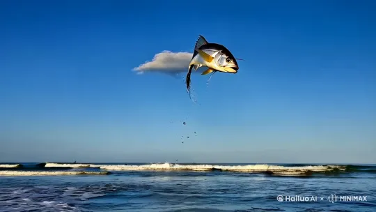 迎面遇见一只在空中飞行的鱼，生成10秒视频 by Hailuo AI Video Generator