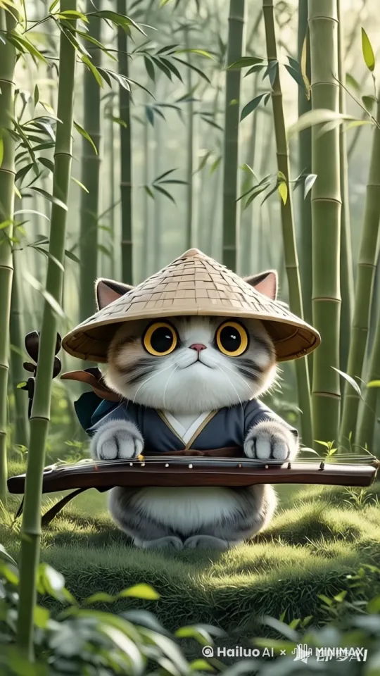 猫缓慢弹奏古筝，头时抬时低，周围竹林随风摇曳 by Hailuo AI Video Generator