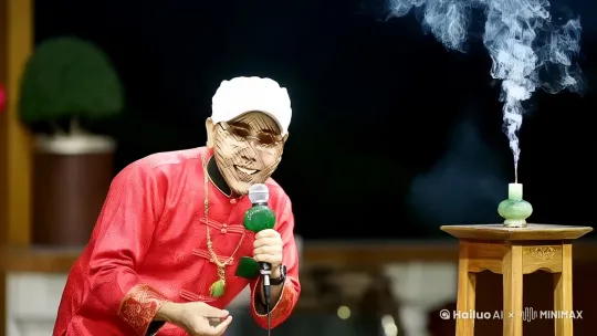 主角脖子上挂着绿色玉牌，拿着话筒唱歌，并且拜了拜桌子上的香炉 by Hailuo AI Video Generator