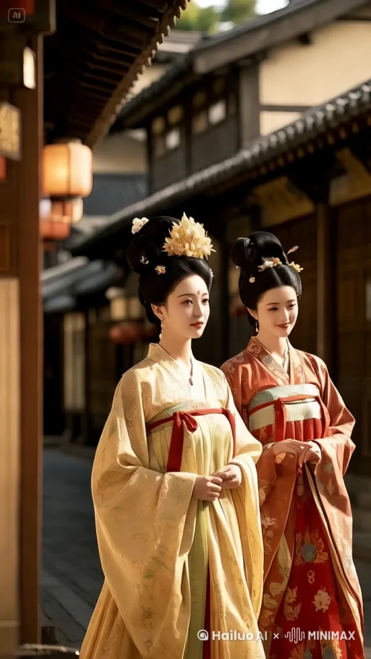 两位女神微笑着走向镜头，镜头跟随 by Hailuo AI Video Generator