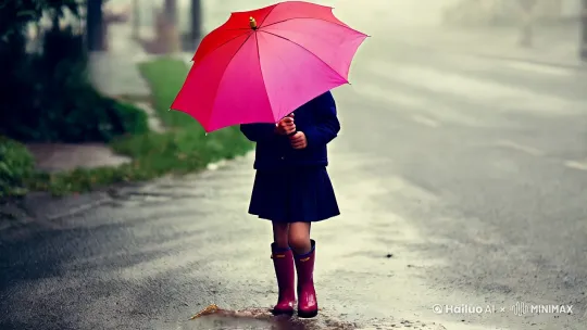一个小女孩放学回家，打着雨伞走在下着小雨的路上，慢慢走远，地面有水洼，小女孩穿着雨鞋套，踩水洼的细节来个特写，鞋套来个特写，唯美风格，时长为15秒，大师运镜。 by Hailuo AI Video Generator