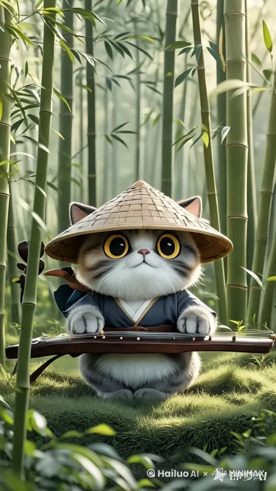 侧坐着的猫缓慢弹奏古筝，猫的头和帽子一会抬起一会低头，自然眨眼，陶醉的样子，周围竹林随风摇曳 by Hailuo AI Video Generator