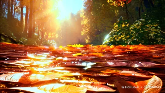 标题： 秋日晨曦
场景：
画面主体： 一片宁静的秋日森林，阳光透过树叶洒下斑驳的光影。
视觉细节：
树叶呈现金黄、橙红和深绿的渐变色彩。
露珠在叶片上闪烁微光，随着镜头推进逐渐放大。
远处有一条清澈的小溪，水流缓缓流动，泛起细小的波纹。
氛围营造：
背景音乐：轻柔的钢琴曲，带有清晨的宁静感。
音效：鸟鸣声、树叶沙沙声和流水声交织在一起。
动态效果：
镜头从地面的落叶缓缓升起，穿过树冠，最终定格在阳光照耀下的溪流表面。
叶子随风轻轻飘动，镜头中出现几片落叶在水面上漂浮的画面。
视觉亮点：
使用暖色调为主色，配合冷色调的溪水形成对比。
光线效果：阳光穿透树叶，在地面上形成光斑，营造出温暖而神秘的氛围。 by Hailuo AI Video Generator