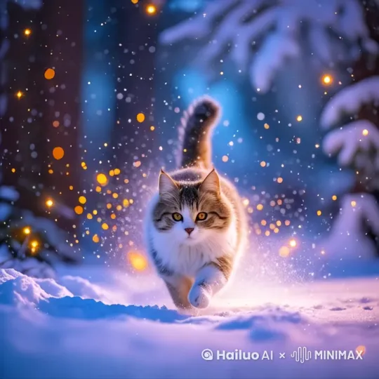 一只猫，明亮的眼睛，正面走来，步行，跳跃，背景环境淡蓝色，金色光线，雪花缤纷飘下，渲染，超高清，细节清晰，画质细腻，电影质感 by Hailuo AI Video Generator