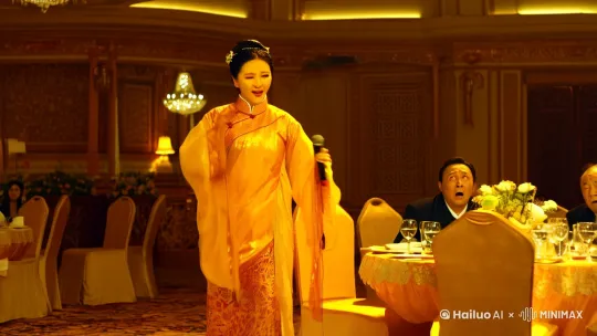 宴会上，东北雨姐正在台上唱着得不到的就更加爱，老蒯在台底下痴痴的看着，就在此时东北余姐的话筒被动了手脚，此时孙笑川拿着另一个话筒上来和雨姐合唱，就在二人深情忘我的唱的时候，老蒯在台底下指使月半猫，穿着雪白的裙子从另一侧登场瞬间成为了全场的焦点，然后老蒯就带着雨姐回家吃粉条子了 by Hailuo AI Video Generator