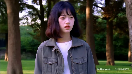 女孩站在草坪外面，双脚有些不安的相互摩擦着 by Hailuo AI Video Generator