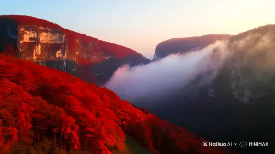 薄雾晨霞，太行山上的树叶红了，左高右底的峡谷，由远及近，层林尽染，自然流畅由右向左运境，超现实主义的视频 by Hailuo AI Video Generator