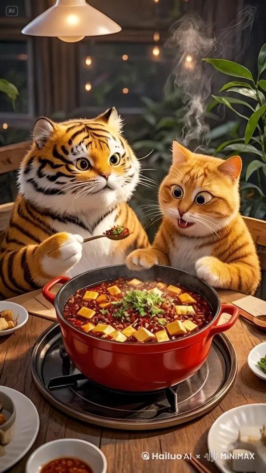 老虎拿着勺子喂胖橘猫吃，胖橘猫张大嘴巴的吃，开心地吃着麻辣豆腐，脸上露出满足的神情，画面渐暗。 by Hailuo AI Video Generator