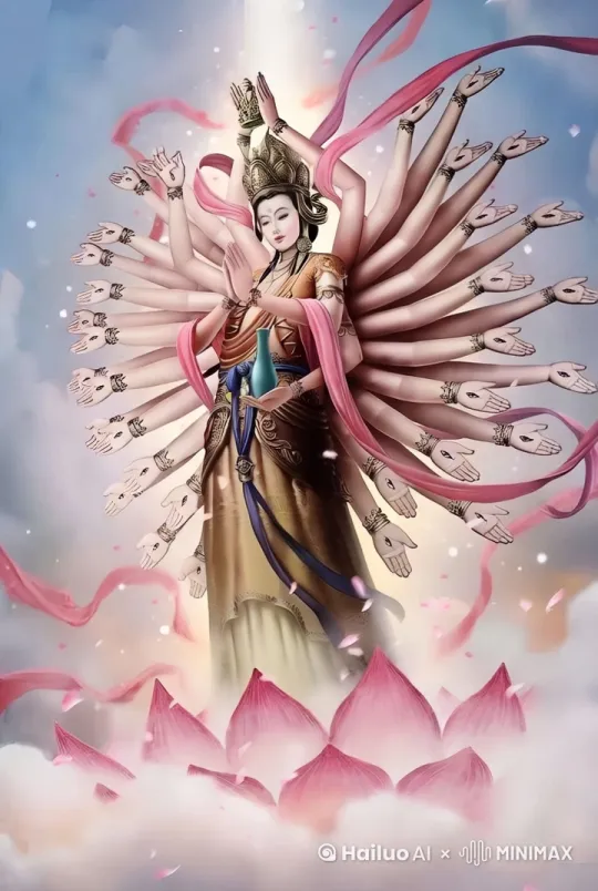 [推进,上升]千手观音在天上云间，大气磅礴的俯瞰世人，电影质感。 by Hailuo AI Video Generator